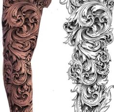 two different types of tattoo designs on the arm and leg, each with an intricate design