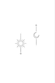 a line drawing of the sun and moon on a white background, with stars in the sky