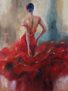 a painting of a woman in a red dress with her back turned to the camera