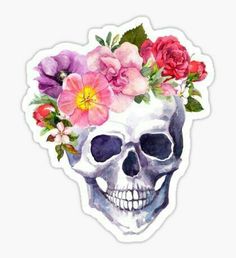 a skull with flowers on it's head and a bird sitting on top of it