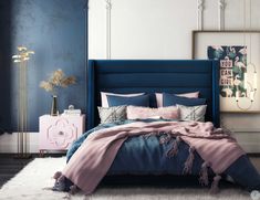 a bedroom with blue and pink bedding, white rugs and an art work on the wall