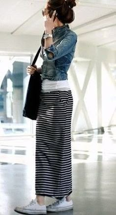 Long Striped Skirts, Rok Outfit, Skirt Diy, Maxi Skirt Outfits, Skirt Maxi, Modest Clothing, 가을 패션, Fashion Mode