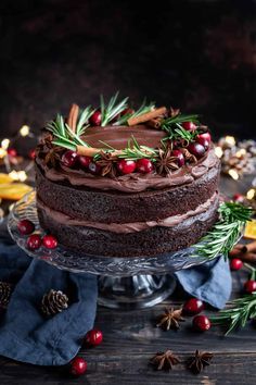 a chocolate cake topped with cranberries and cinnamons on a glass platter