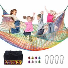 three children jumping in a hammock with accessories