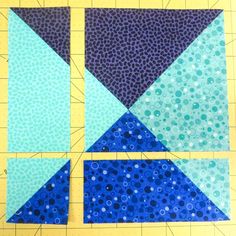 the blue and green squares are being cut out to be used as quilting material