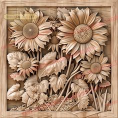 an image of sunflowers carved into wood