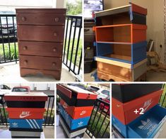 four different pictures of an old dresser painted red, white and blue with nike logos on it