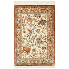 Intricate Ivory Hunting Scene Silk Qum Persian Rug, Country of Origin / Rug Type: Modern Persian Rug, Circa Date: Late 20th Century. Size: 3 ft 5 in x 5 ft 1 in (1.04 m x 1.55 m). Modern Persian Rug, Room Size Rugs, Hunting Scene, Silk Carpet, Square Rugs, Tabriz Rug, Vintage Persian Rug, Prayer Rug, Silk Rug