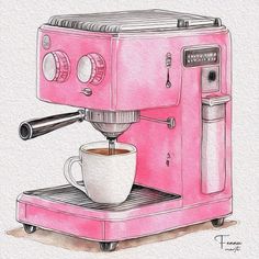 a drawing of a pink coffee machine with a white cup on the front and bottom