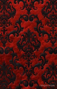 red and black wallpaper with an ornate design on it's surface, in the middle