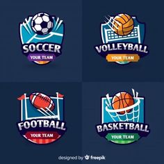 four different logos for soccer teams with balls and net in the middle, on a dark background