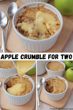 apple crumble for two with apples in the background and an image of caramel sauce being drizzled on top