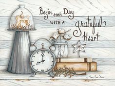 Mary Ann June MARY505 - Grateful Heart - Begin Each Day, Cotton, Books, Scale, Candle from Penny Lane Publishing June Art, Woodgrain Pattern, Space Display, Hand Painted Card, House Sketch, Paint Cards, Farmhouse Art, Mary Ann, Grateful Heart