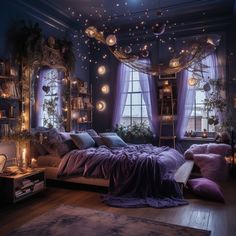 a bedroom decorated in purple with hanging lights