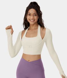 Cloudful™ Halter Thumb Hole Long Sleeve Cropped 2-in-1 Sports Top Yoga Tank Tops, Bleach Wash, Athleisure Wear, Sports Top, Thumb Holes, Women's Fitness, Sleeve Designs, Wearing Black, Workout Tops