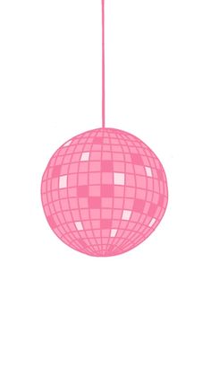 a pink disco ball hanging from a string with the word disco on it's side