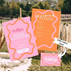 two pink and orange signs sitting on top of a grass covered field