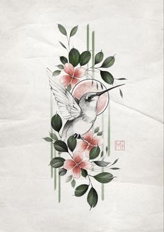 a drawing of a bird with flowers on it