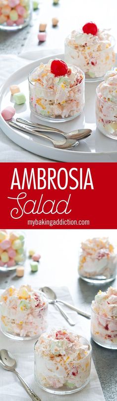 there are many small desserts on the table with red and white lettering that says ambrosia salad