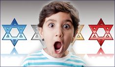 a young boy making a surprised face in front of an array of star of david