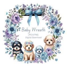 baby wreath with puppies and blue flowers