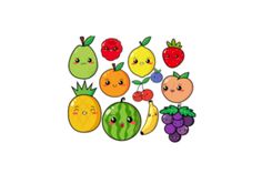 an assortment of fruits with faces drawn on them