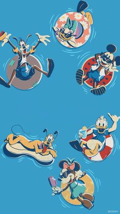 several cartoon characters floating in the water