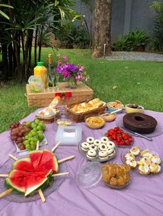 an outdoor picnic with watermelon, grapes and donuts