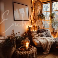 a living room filled with furniture next to a window covered in christmas lights and decorations