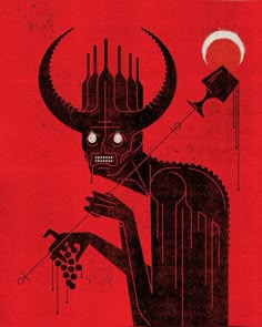 a red poster with a demon holding a kite in it's hand and the moon above