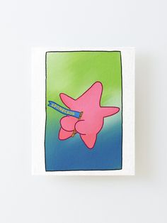 a pink starfish with a toothbrush in its mouth on a green and blue background