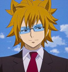 an anime character in a suit and tie with blue eyes looking at the camera while wearing glasses