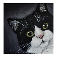 a painting of a black and white cat with green eyes