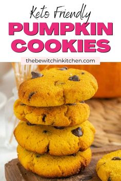 pumpkin cookies stacked on top of each other with text overlay that reads, keto friendly pumpkin cookies