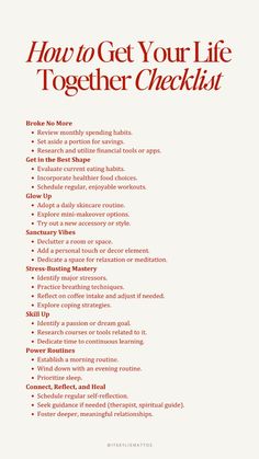 Check out our comprehensive "How to Get Your Life Together" checklist! Covering everything from finances to fitness, skincare to stress management, it's your guide to a balanced life.  mindfulness, self-care, mindset shift, personal development, growth mindset, highest self, success, self-control, self improvement, self love, intellectual wellness, mental wellness, personal growth, build a better you, women wealth and wellness club Checklist To Get Your Life Together, How To Always Be Put Together, How To Keep Your Body Healthy, Steps To Improve Your Life, Ways To Get Your Life Together, Turning My Life Around, How To Get Back To Yourself, How To Be A Better Woman, How To Get Yourself Together