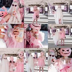 a collage of photos with people dressed in pink and white costumes, holding drinks