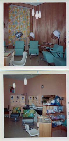 two pictures of the same room in an old house, one with chairs and table