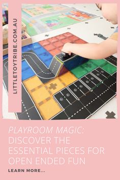 a child is playing with an open ended game on the floor and it says playroom magic discovering the essential pieces for children to learn