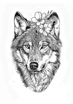 a drawing of a wolf with flowers on its head