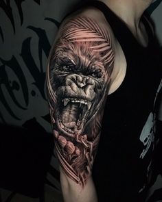 Gorilla Lion Tattoo, Gorilla Leg Tattoo, Gorilla Neck Tattoo, Gorilla Shoulder Tattoo, Gorilla Tattoo Sleeve, Gorila Tattoos, Gorilla Hand Tattoo, Jungle Animal Tattoos