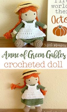 crocheted doll sitting on top of a table next to a sign that says,'anne of green gabless crocheted doll '