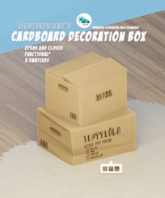 three cardboard boxes stacked on top of each other in front of a wooden floor with the caption card board decoration box