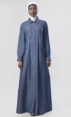 Modest Denim Jacket Style Jilbab - EastEssence.com Spring Daywear Abaya, Long Abaya With Pockets, Spring Workwear Abaya, Denim Abaya, Denim Jacket Fashion, Versatile Dresses, Denim Design, Short Shirts, Womens Tunics