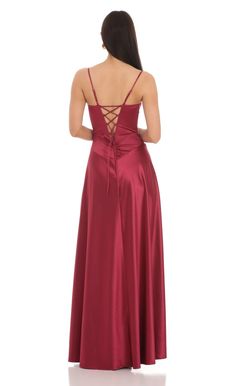 Satin Square Neck Maxi Dress in Maroon Fitted Bodice Slip Dress With Tie Back For Prom, Satin Backless Lined Dress, Backless Satin Dress With Lining, Prom Satin Dress With Spaghetti Straps And Tie Back, Satin Prom Dress With Spaghetti Straps And Tie Back, Silk Tie Back Slip Dress For Prom, Silk Slip Dress With Tie Back For Prom, Sleeveless Silk Satin Dress With Corset Back, Satin Slip Dress With Lace-up Back