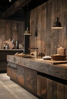 an industrial style kitchen with wooden cabinets and lights hanging from the ceiling, along with dark wood paneling