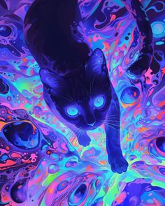 a black cat with glowing blue eyes standing in front of colorful paint