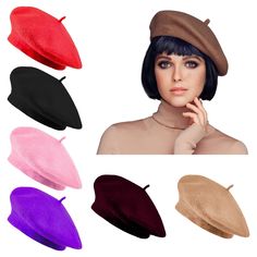 a woman with short hair wearing a hat and four different colors of hats on her head