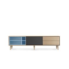 the sideboard is made from wood and has two different colored sections, one with an open door