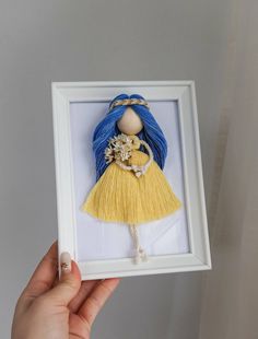 a hand holding a small doll in a white frame with blue hair and yellow dress