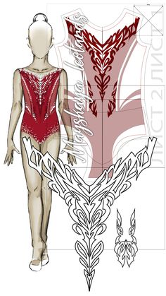 a drawing of a woman in a red leotard with an ornate design on it